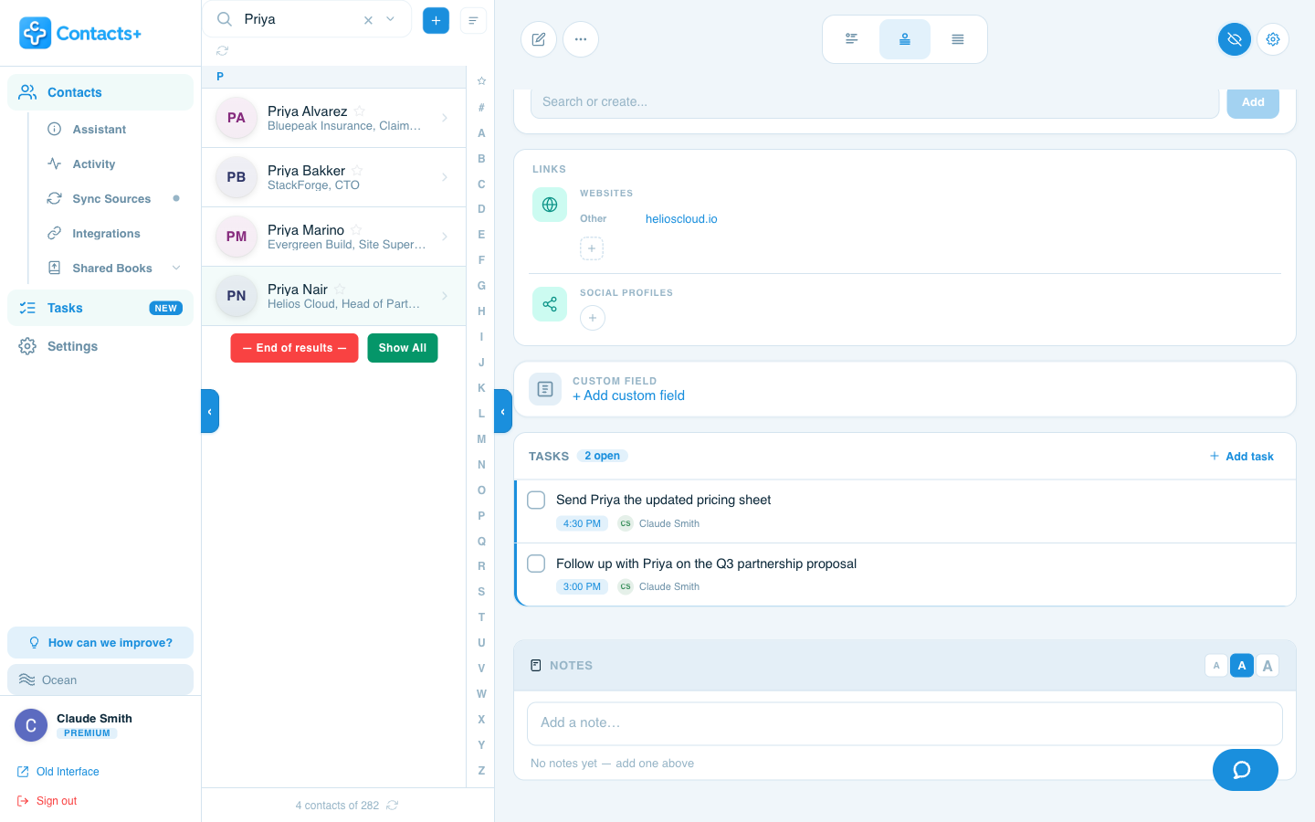 A contact record for Priya Nair showing a Tasks section with two open tasks, each with a due time and assignee, plus an Add task button, positioned above Notes.