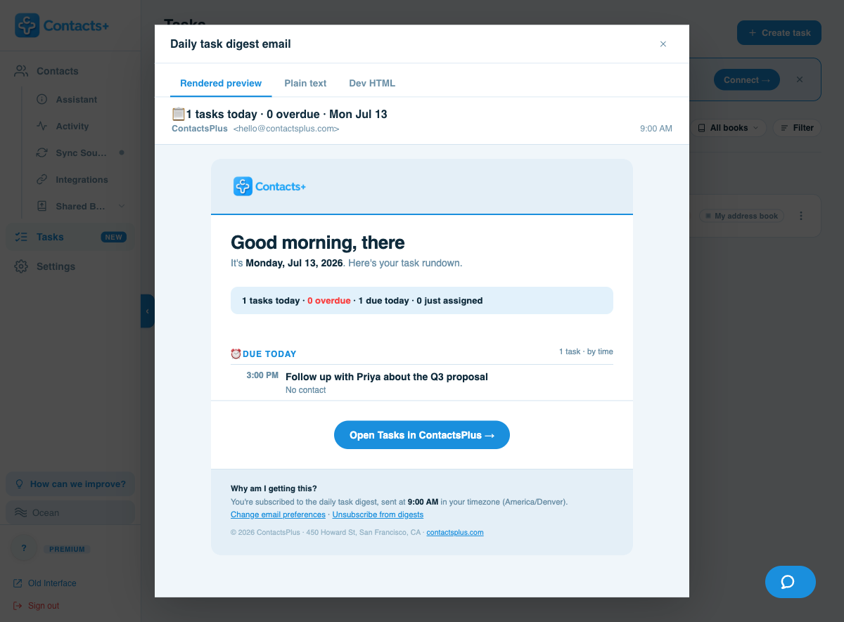 A rendered preview of the daily task digest email, listing tasks due today with a link into ContactsPlus.