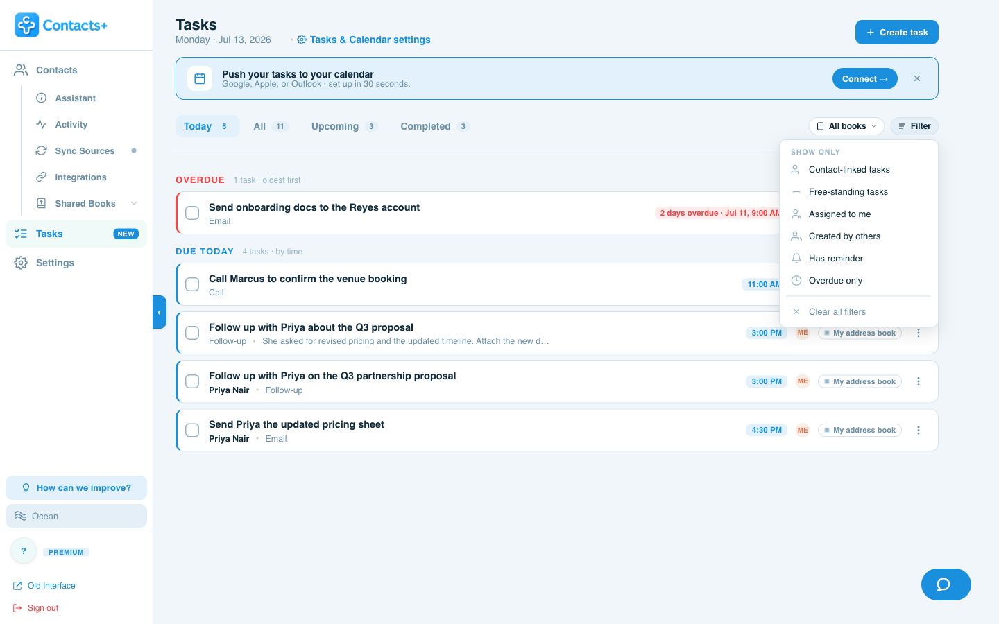 The Filter menu: contact-linked, free-standing, assigned to me, created by others, has reminder, overdue only.