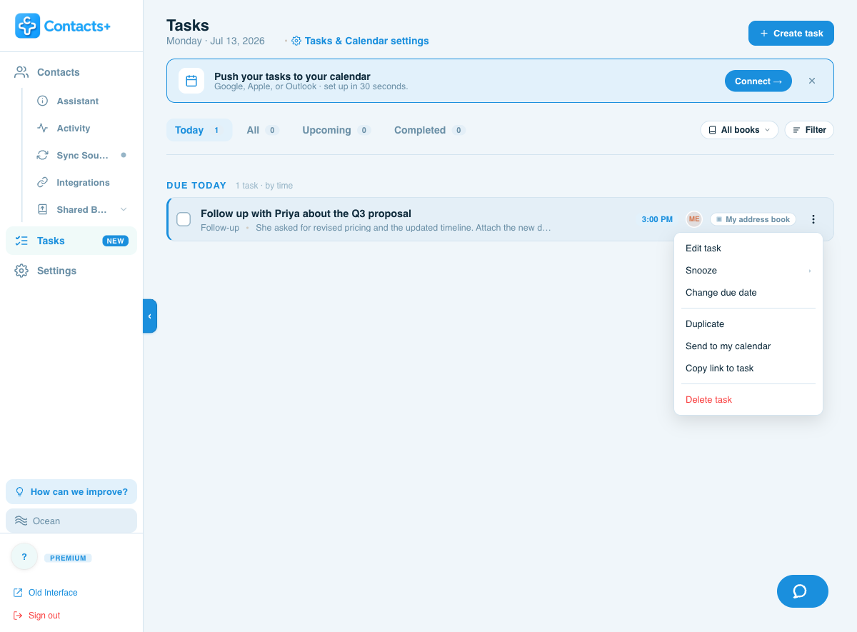 A task row's More menu: Edit, Snooze, Change due date, Duplicate, Send to my calendar, Copy link, Delete.