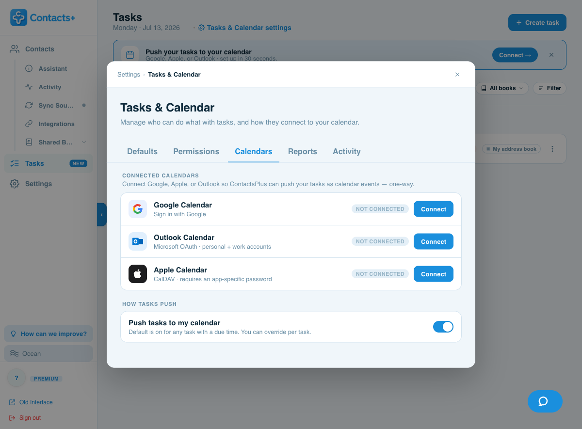 The Calendars settings tab showing Google, Outlook and Apple connections with Connect buttons and a one-way push explanation.