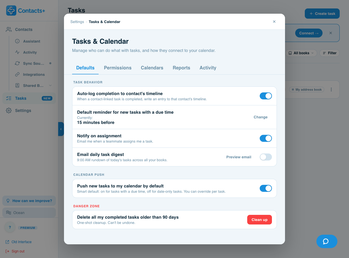 The Defaults settings tab: auto-log completion, default reminder, notify on assignment, daily digest, calendar push default.