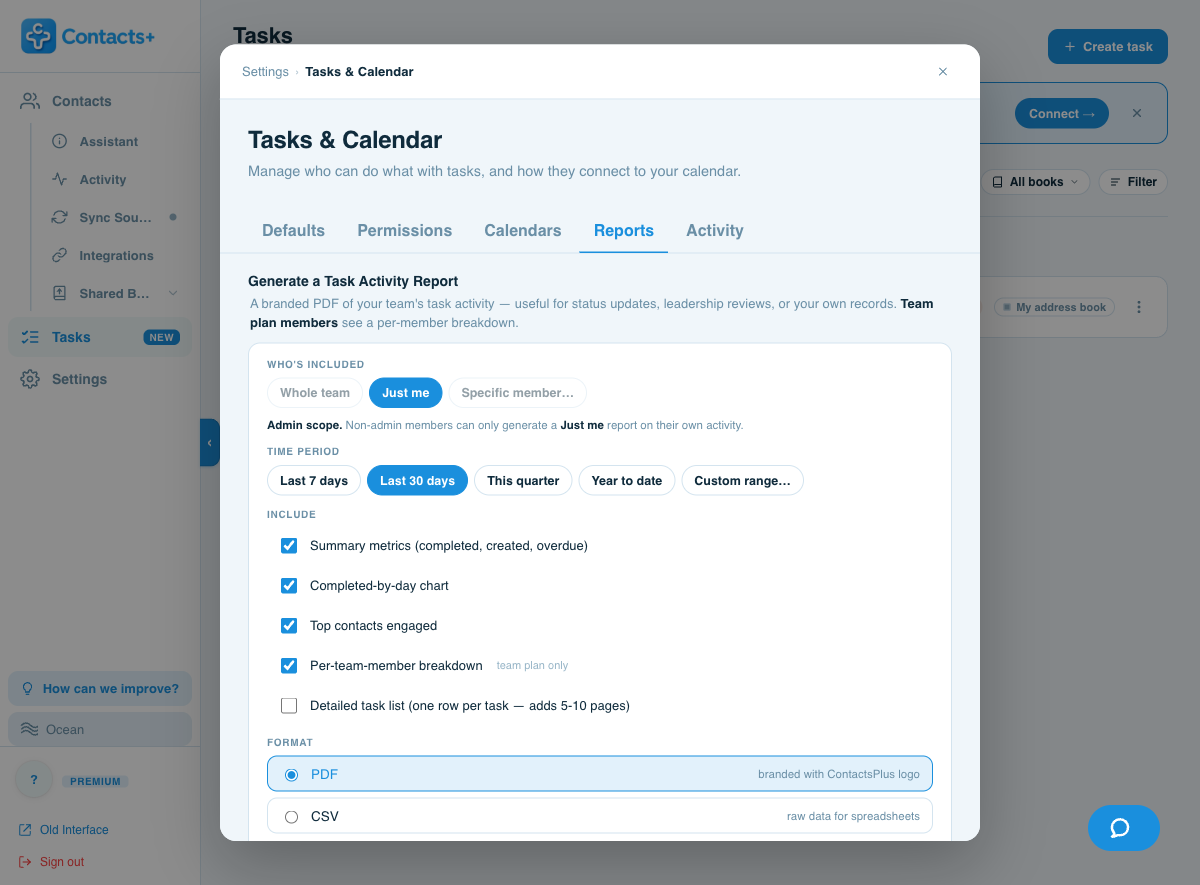 The Reports builder: scope, time period, include-toggles, PDF or CSV format, recent and scheduled reports.