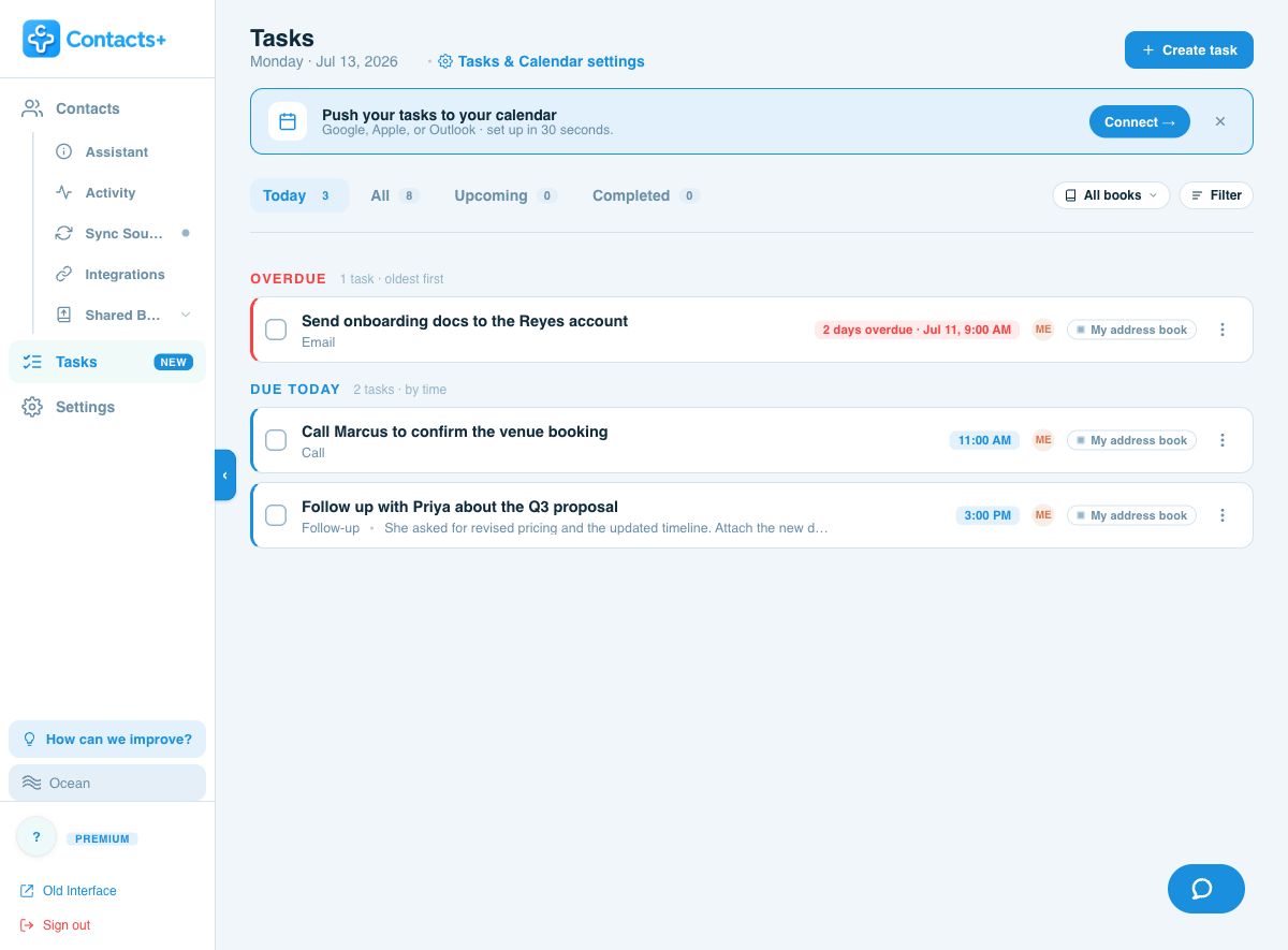 ContactsPlus Tasks Today view showing contact follow-up reminders — an Overdue section and two tasks due today with time, assignee and address book.
