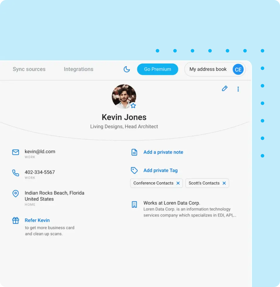 ContactPlus feature for completing and enriching contact information to ensure detailed and up-to-date address book entries.