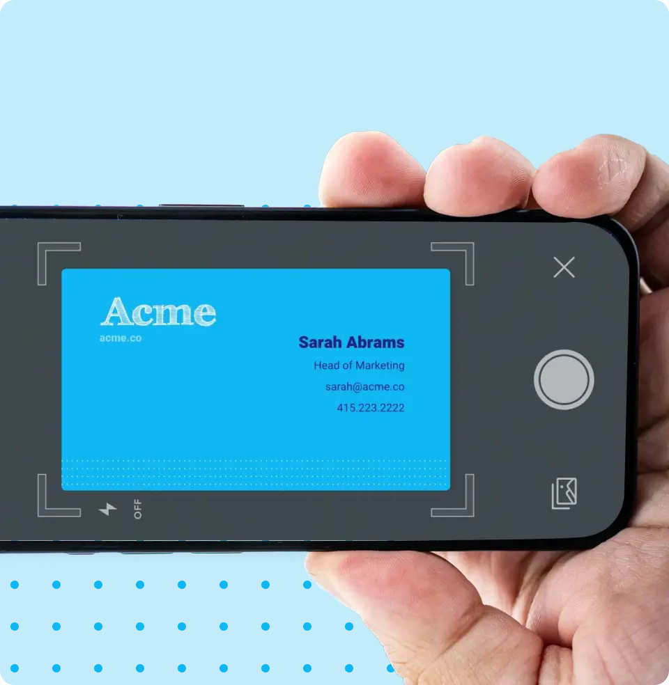 ContactPlus mobile app scanning a business card to automatically save contact details.